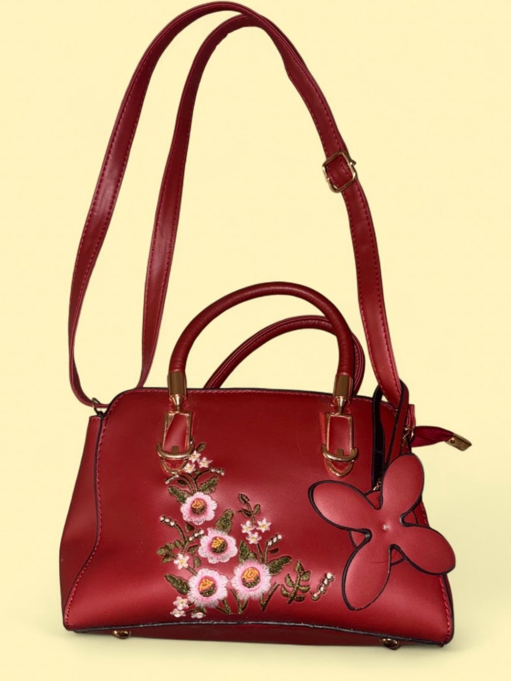 Red Floral Embroidered Satchel Crossbody Handbag w/ Butterfly Charm